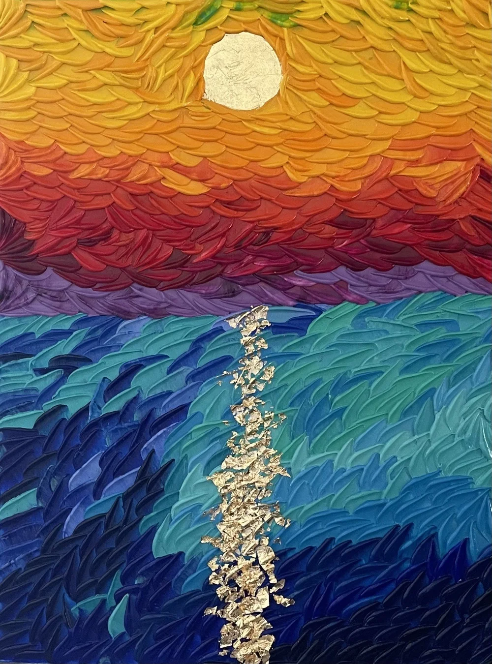 Golden Reflections, 2023, Textured Acrylic on Canvas (Heavy Body Acrylics with Gel Medium and Gold Leaf), 76 x 60 cm