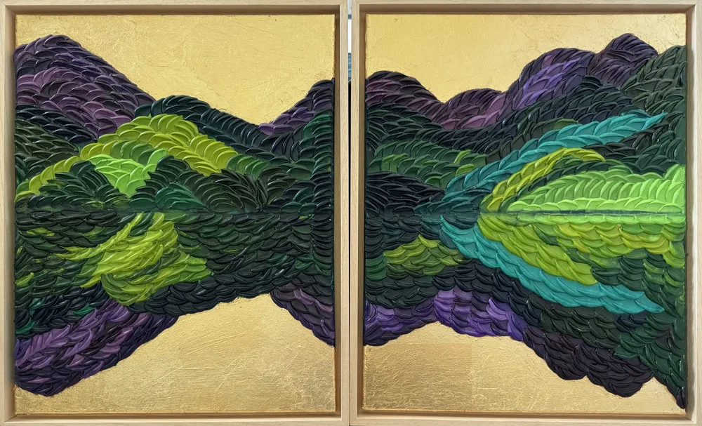 Rippling Reflections #1 Diptych, 2024, Textured Acrylic on Canvas (Heavy Body Acrylics with Gel Medium and Gold Leaf), 50 x 40 cm (set of 2)