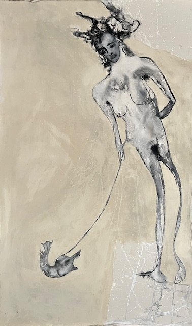 Woman Walking a Fish (sharp-toothed rage made helpless)

 

 2026  80x133cm   Ink, gouache and acrylic on canvas   