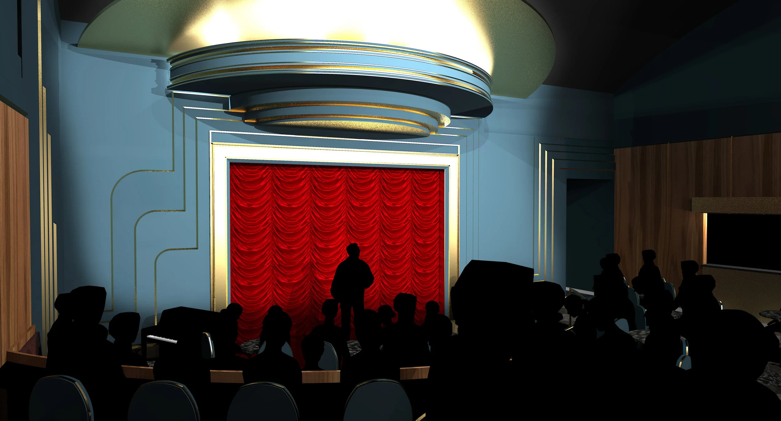Rendering of Harry Blackstone Cabaret stage from back of the room