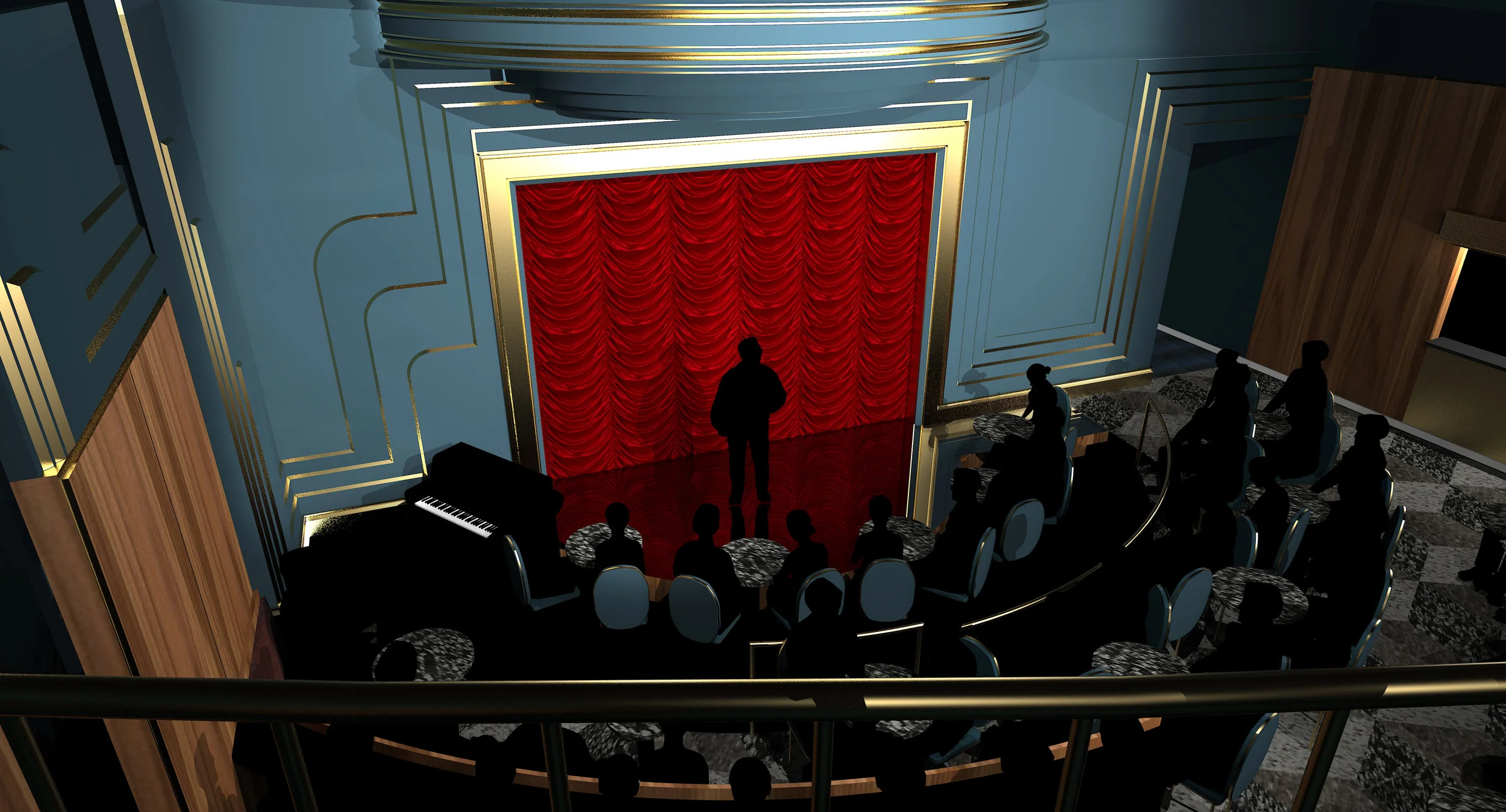 Rendering of Harry Blackstone Cabaret stage from mezzanine