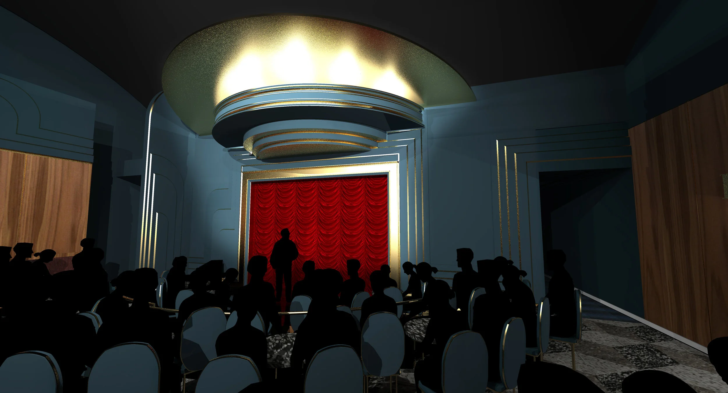 Rendering of Harry Blackstone Cabaret stage from the back of the room