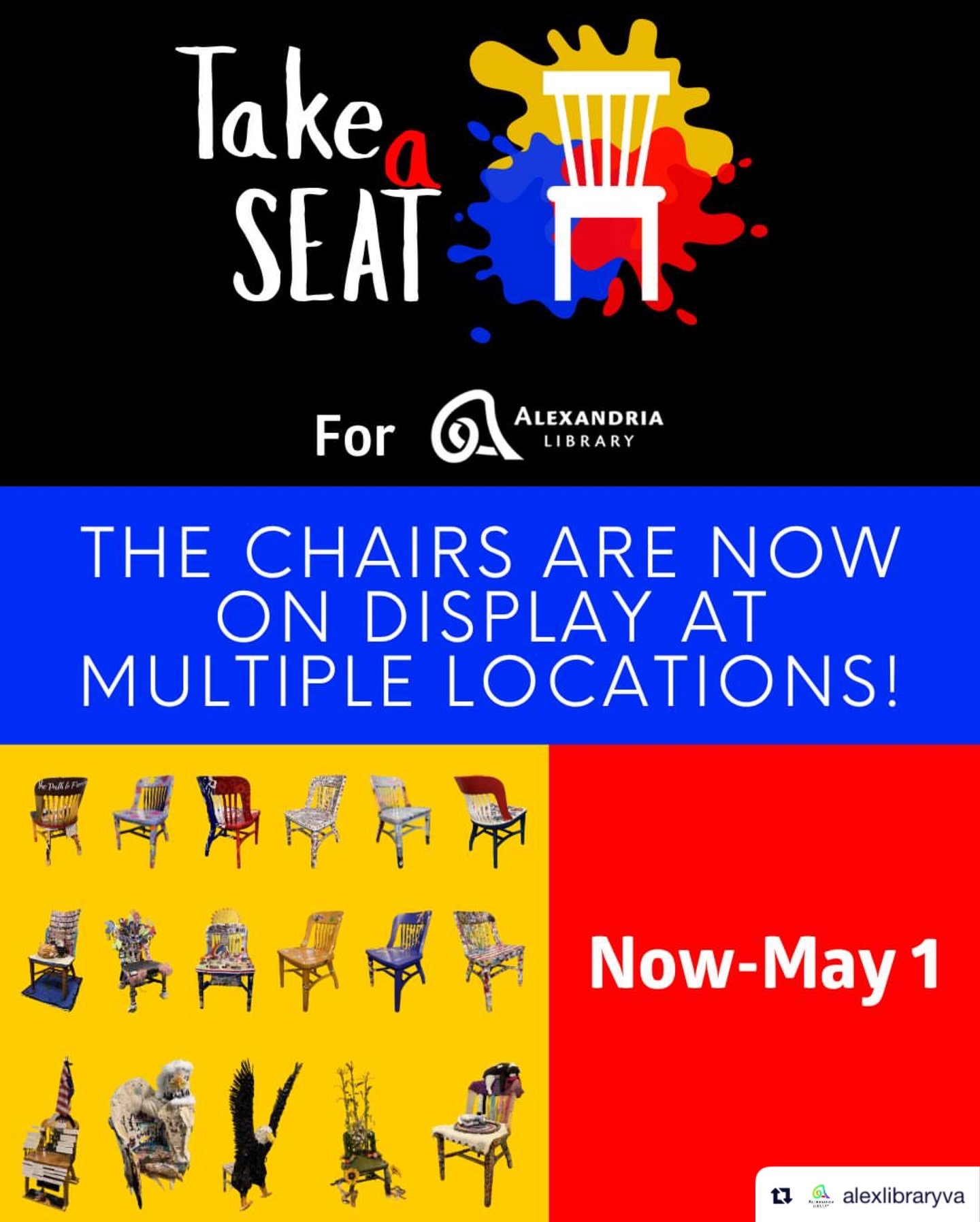 Repost from @alexlibraryva
&bull;
The Alexandria Library is proud to announce the debut of the Take A Seat Upcycling Community Art Project exhibit, starting on April 1.

Artists from the community were selected to decorate chairs that were set to be 