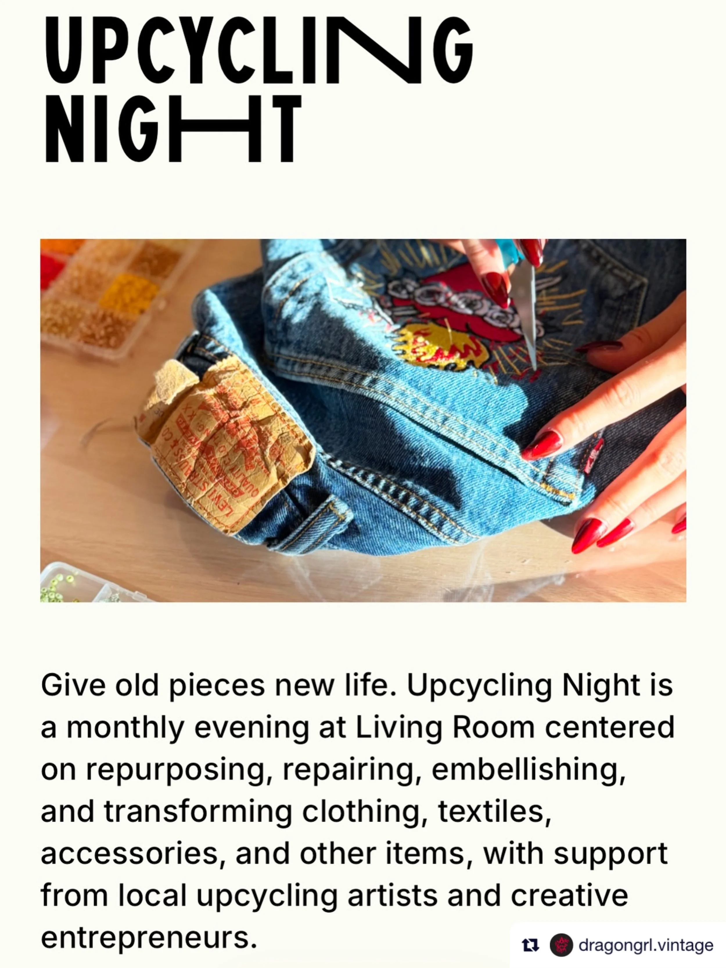 Come upcycle with us on 6/17!

Repost from @dragongrl.vintage
&bull;
thrilled to share I&rsquo;m partnering with @livingroom.dc to co-host their first-ever upcycling night on June 17!

I&rsquo;ll be joined by some incredibly talented artists:
✨ @palo