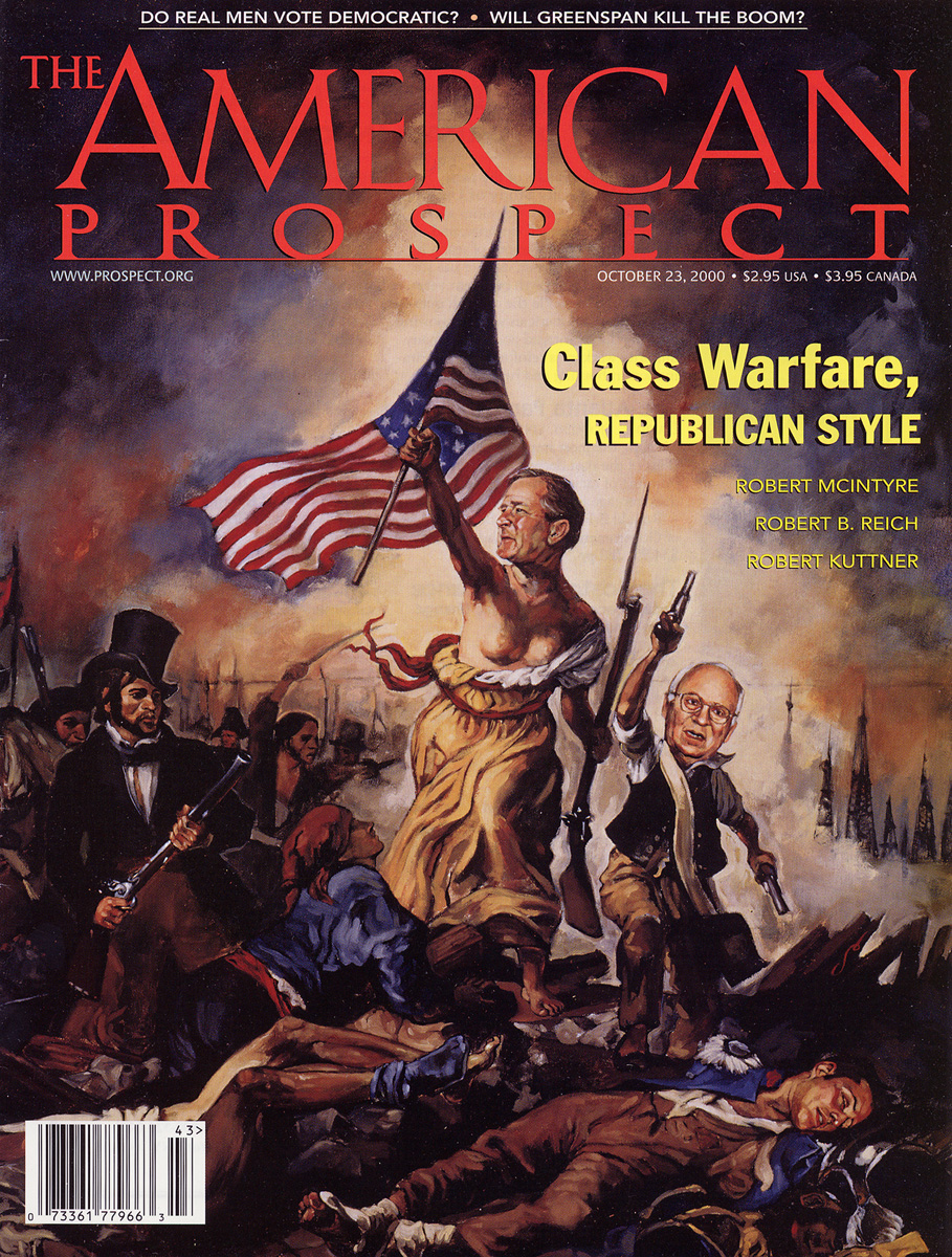 Cover art for The American Prospect magazine, with a re-creation of a Delacroix painting, depicting George W. Bush and Dick Cheney, 2000