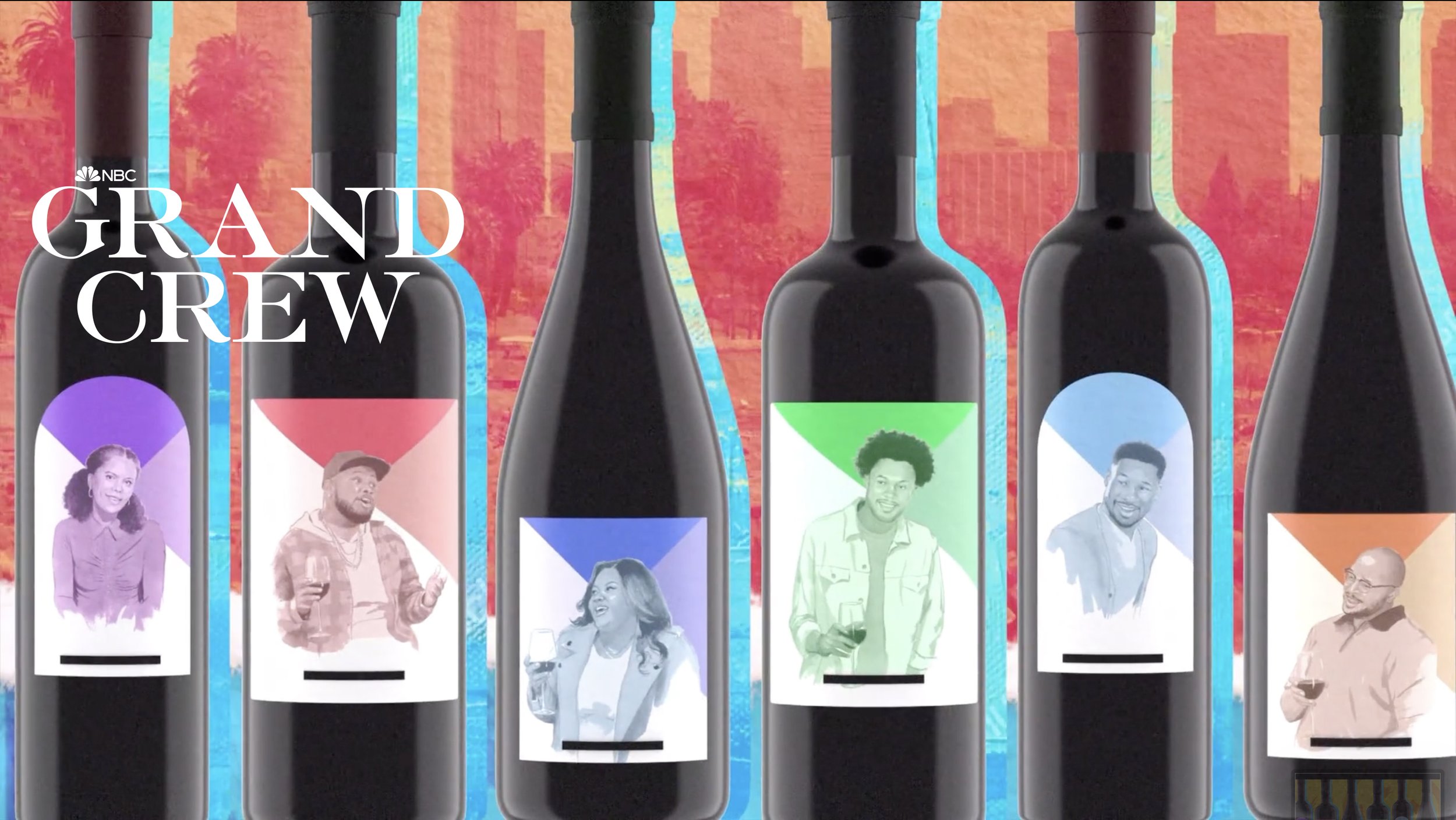 Bottle artwork for NBC's Grand Crew sitcom opening title sequence with Sarofsky, 2021