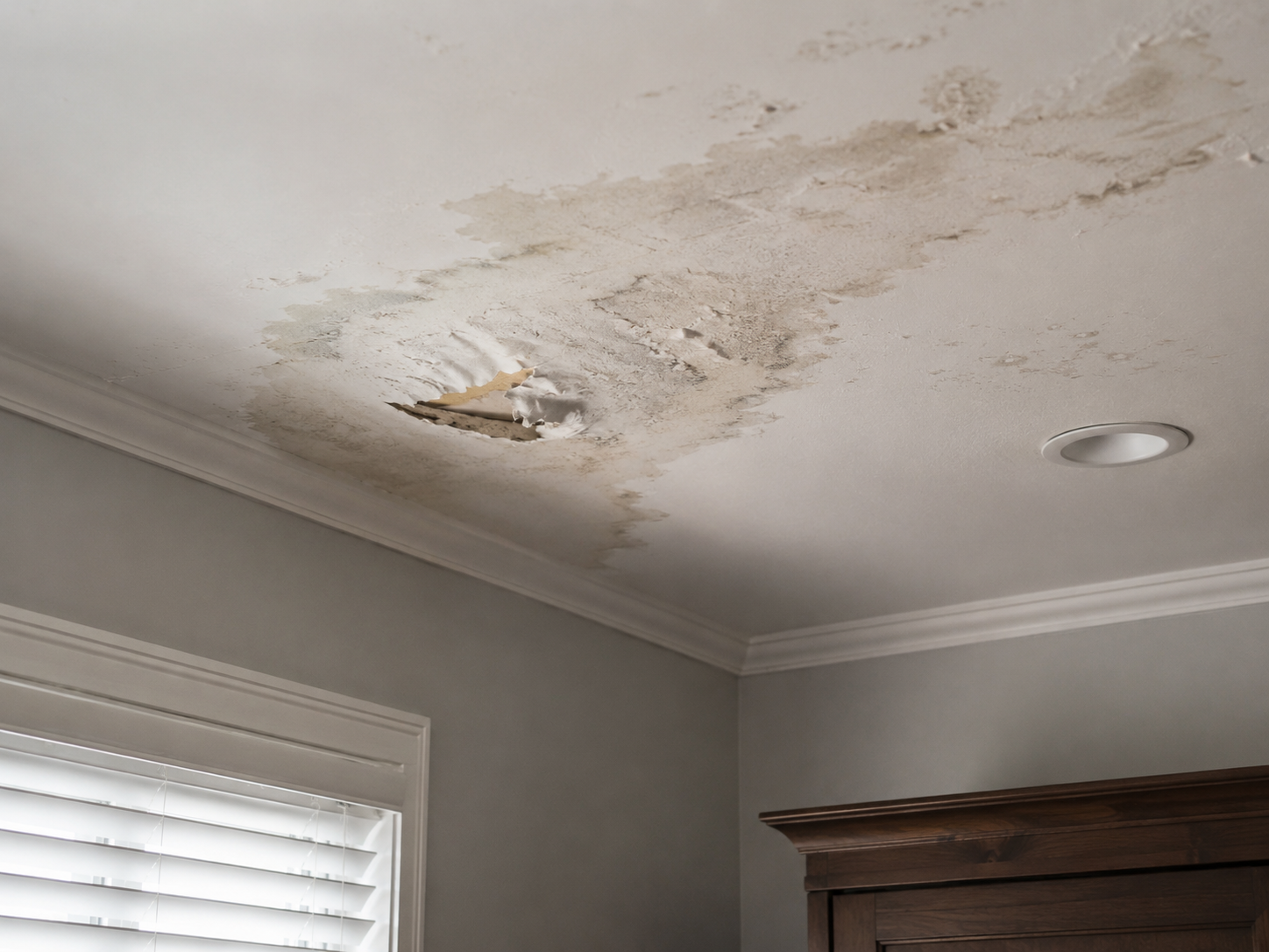 Interior ceiling damage caused by active roof leak and water intrusion