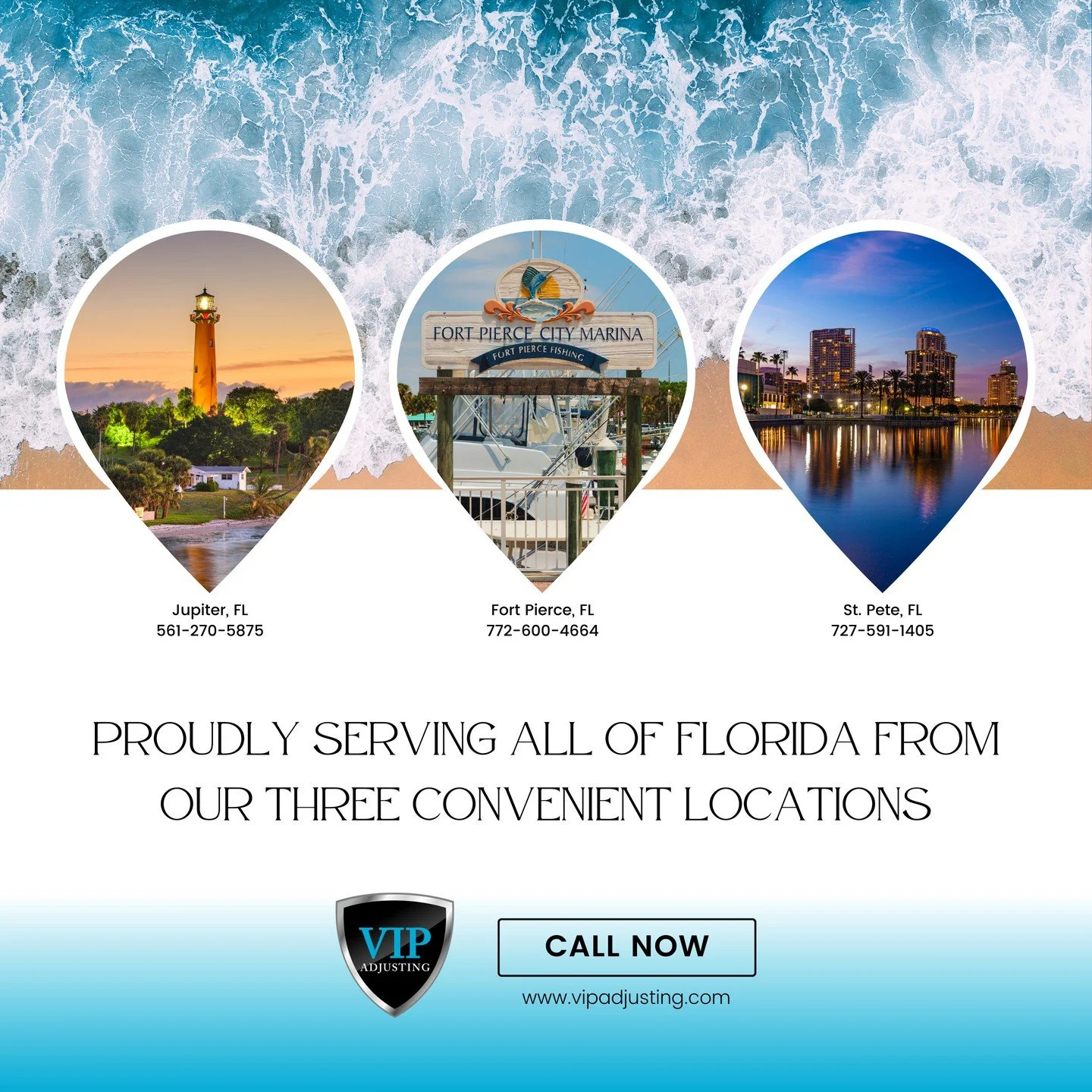 🌴 Proudly Serving All of Florida 🌴

At VIP Adjusting, we're here to support you wherever you are in the Sunshine State. With offices in Jupiter, Ft. Pierce, and St. Pete, our team is ready to help you navigate your insurance claims, ensuring you ge