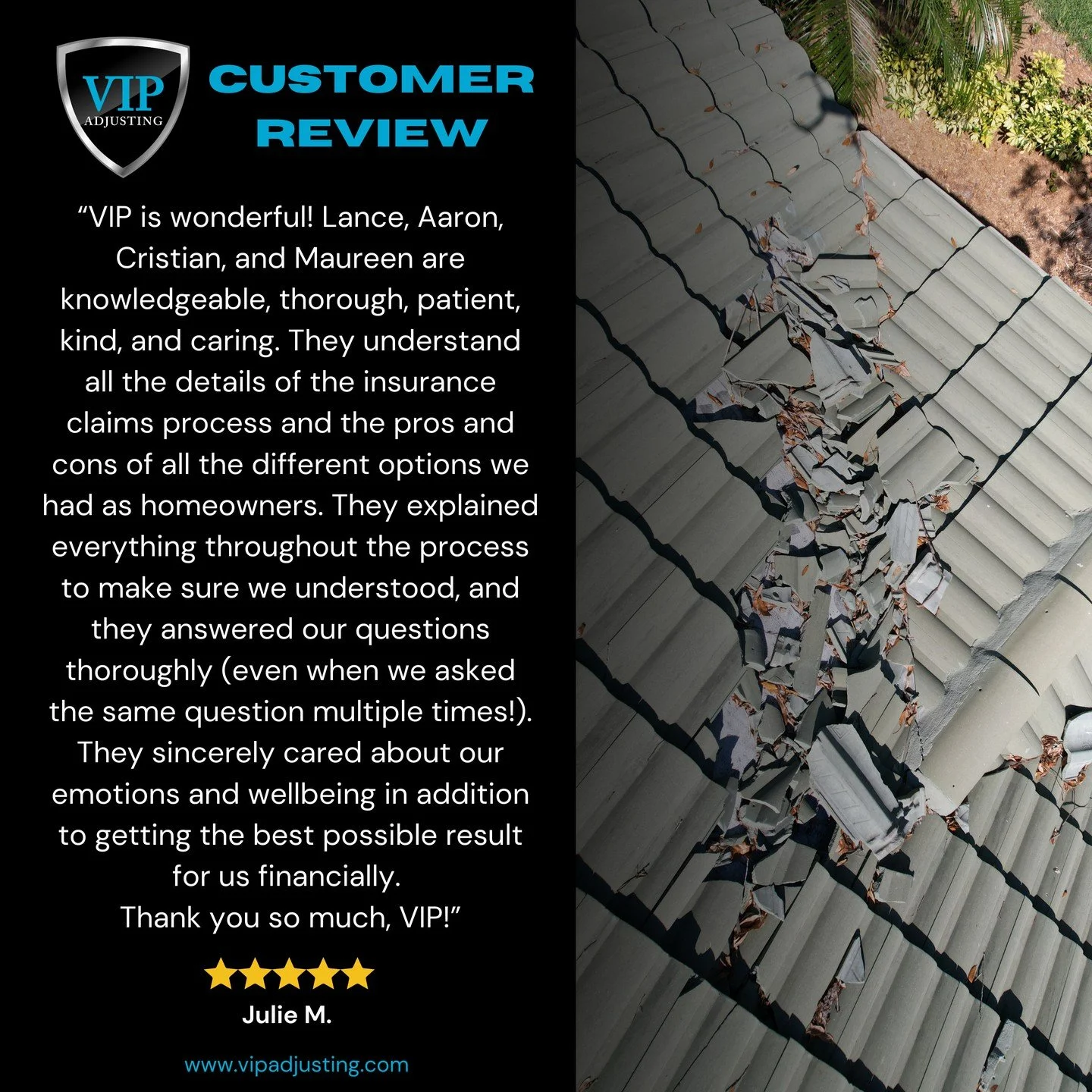 🌟 Customer Review Spotlight 🌟

We're grateful to share a review from a recent customer who suffered damage from Hurricane Ian. We pride ourselves on providing exceptional service and support throughout the insurance claims process, from the initial