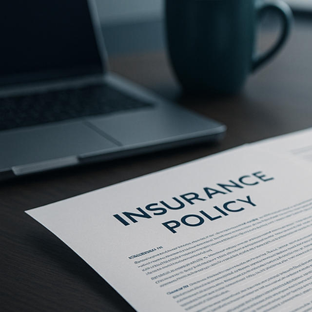 Insurance policy document on a desk next to a laptop, with a coffee mug in the background.