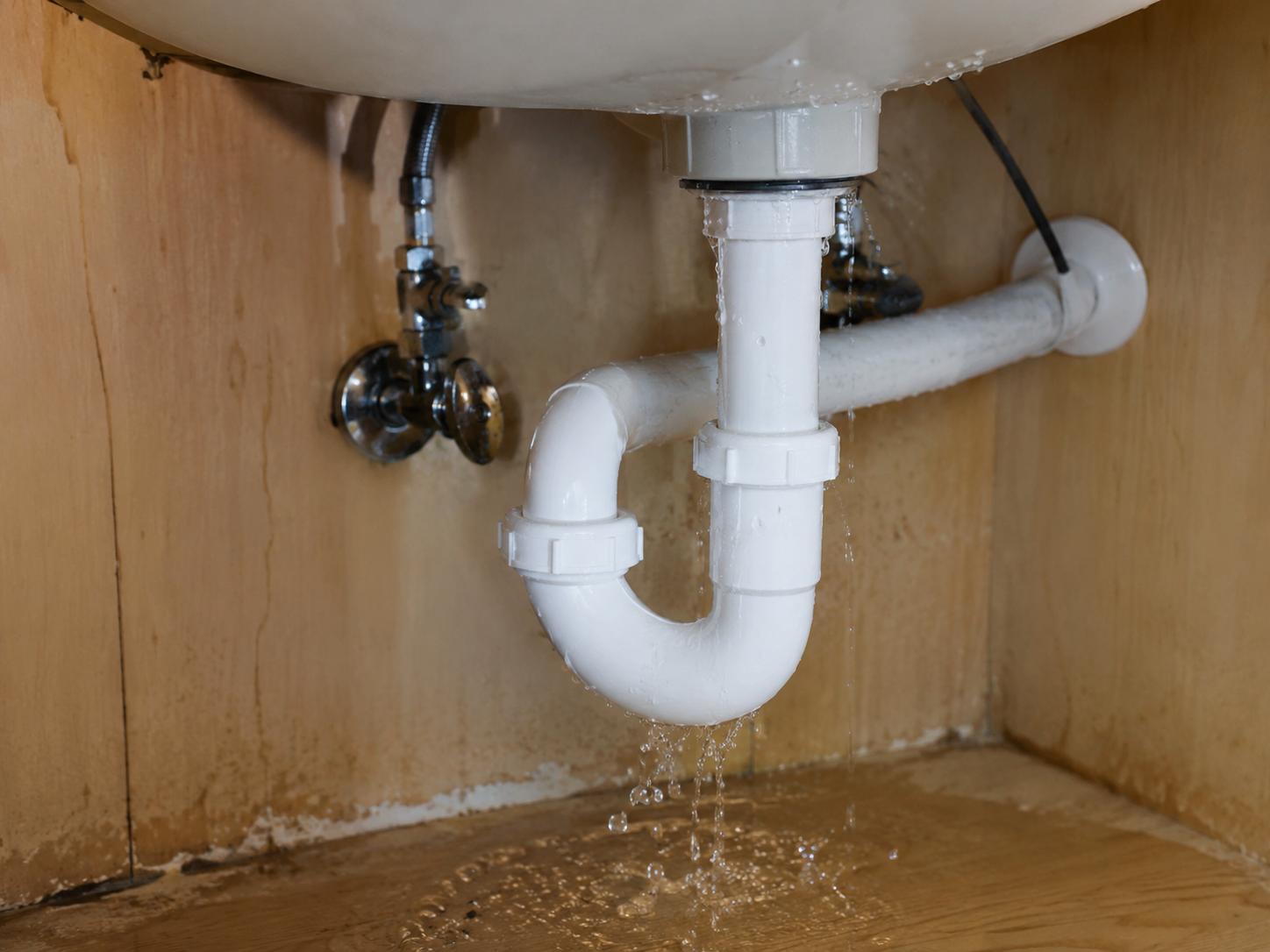 Water damage from broken pipe affecting walls, flooring, and cabinetry