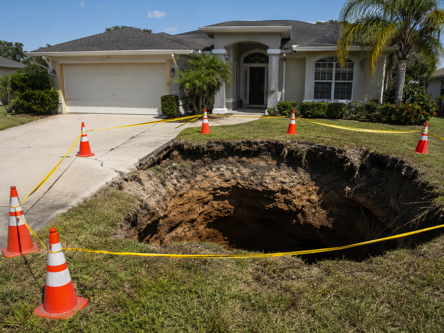 Structural damage from sinkhole activity causing foundation cracking and settlement