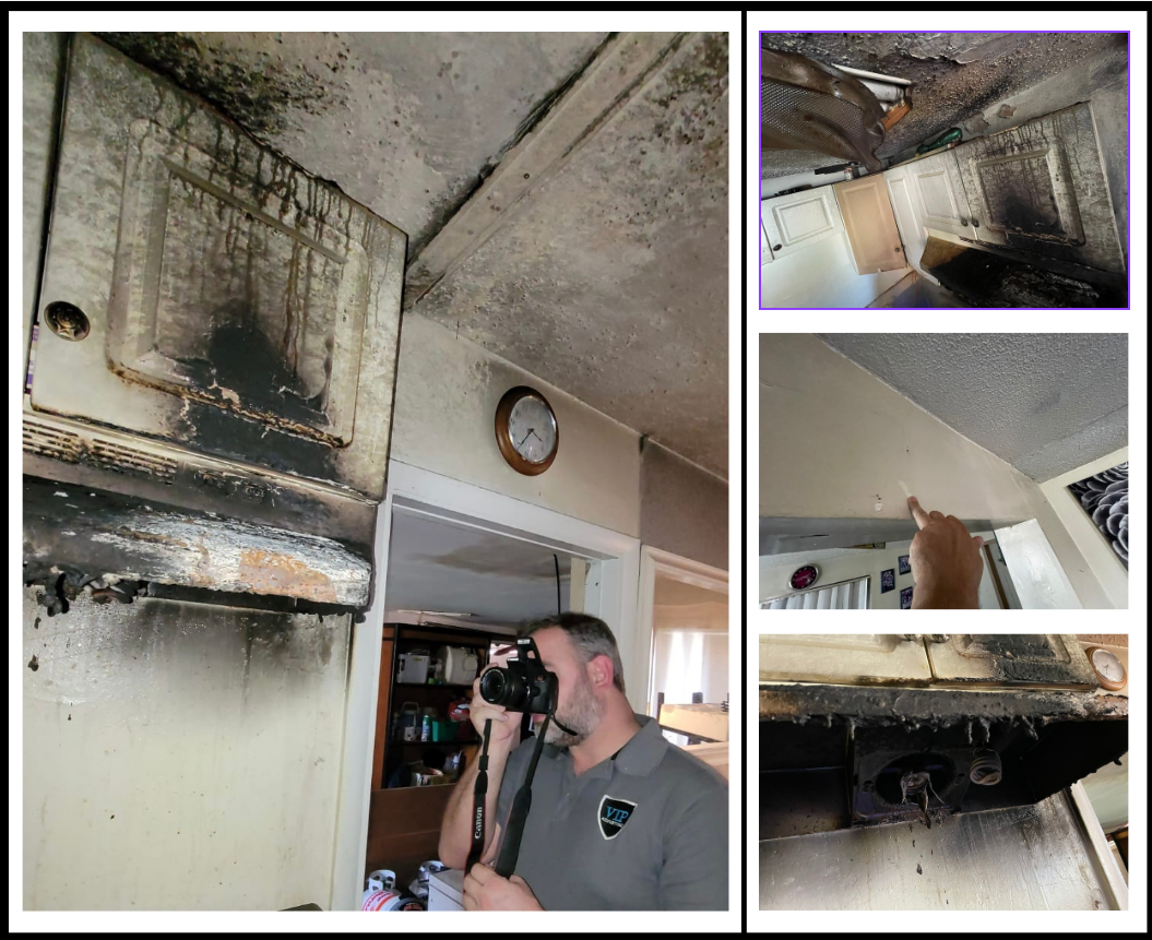Public Adjuster taking a picture of fire damage in a kitchen