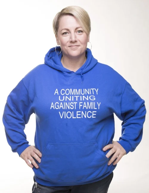Nelly seen here wearing the GPAN (Good People Act Now) jumper. She is proud to have done some work with GPAN - a group of young people in Melbourne's North committed to ending Family Violence through gender equity.