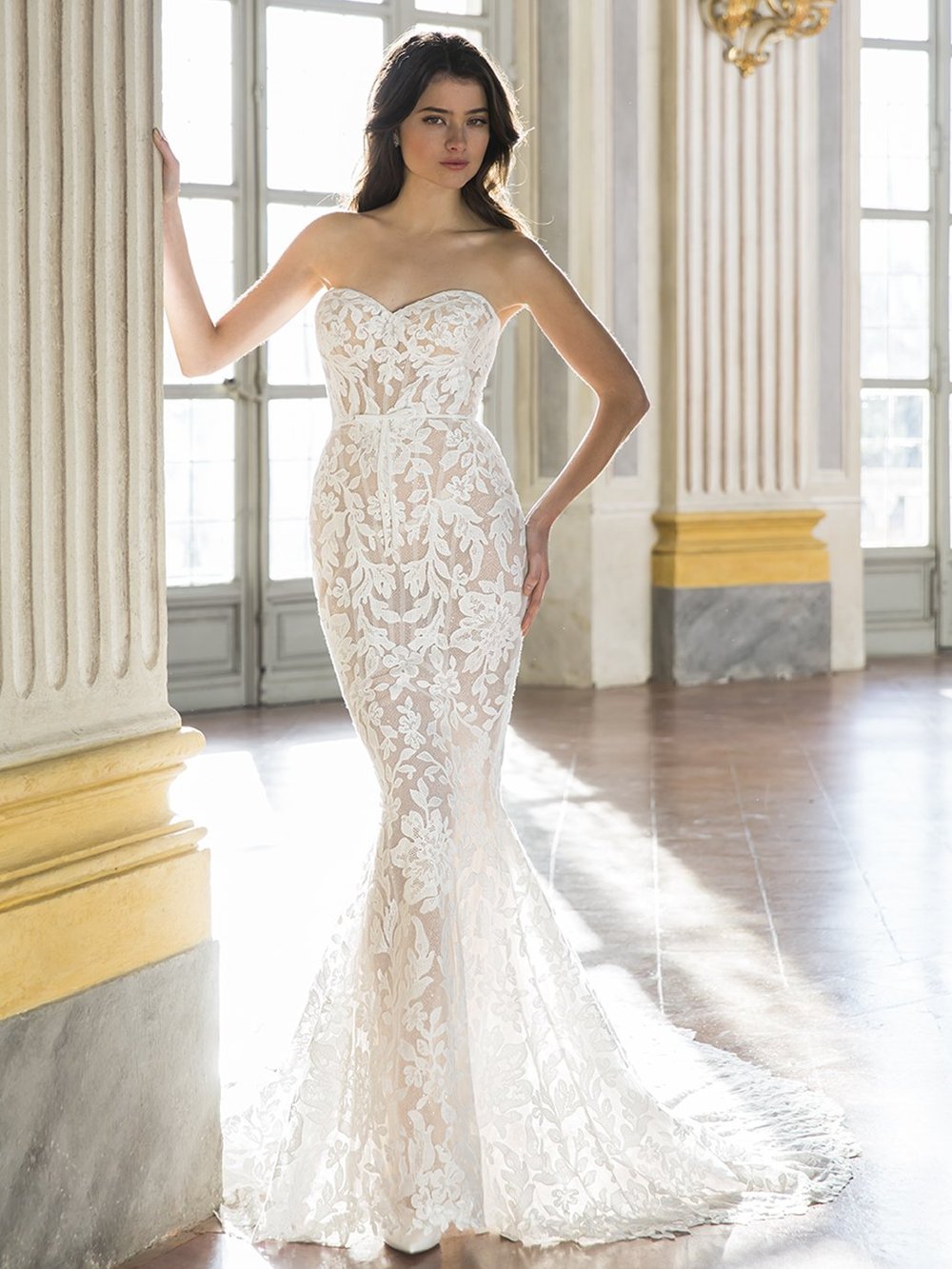 sample sale wedding dresses NYC neck gown of corded french lace with delicate lace floral appliqus Sale Wedding Dresses | Lili