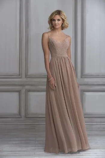 2. This A-line gown comes at #2 on the list and is also figure flattering. It’s romantic with a touch of glam because of the beaded bodice and flowy chiffon skirt.