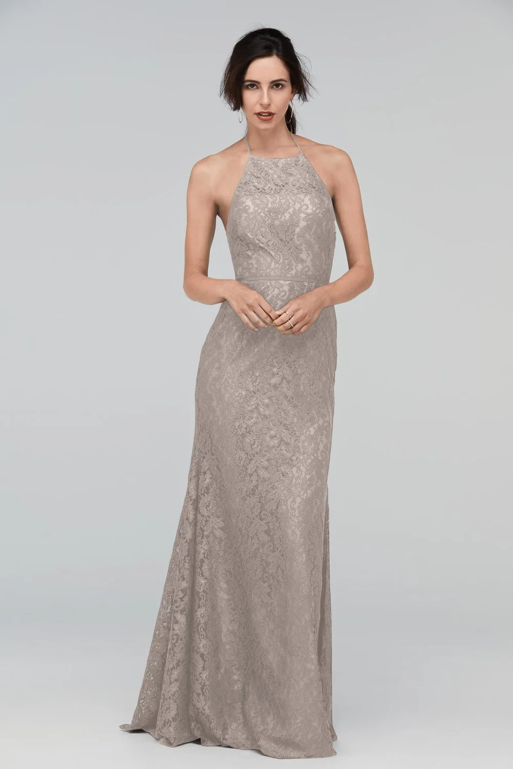 latte bridesmaid dresses Kennedy in bra cups for support Adjustable crepe spaghetti straps Side zipper Slit on the left front of the skirt Full Tammy (Size 8) in Latte