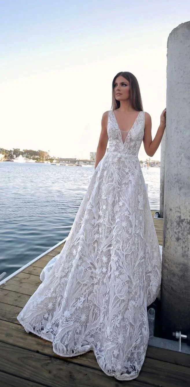 aline beach wedding dresses Chic Tulle A line Ivory Lace V neck Summer Beach Wedding Dress