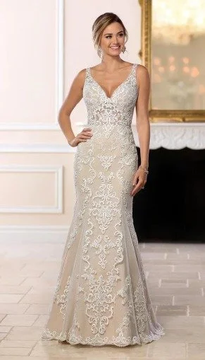 V-neck wedding dress - beaded wedding dress - vintage looking wedding dress  - san diego gowns  The Bustle Bridal Boutique