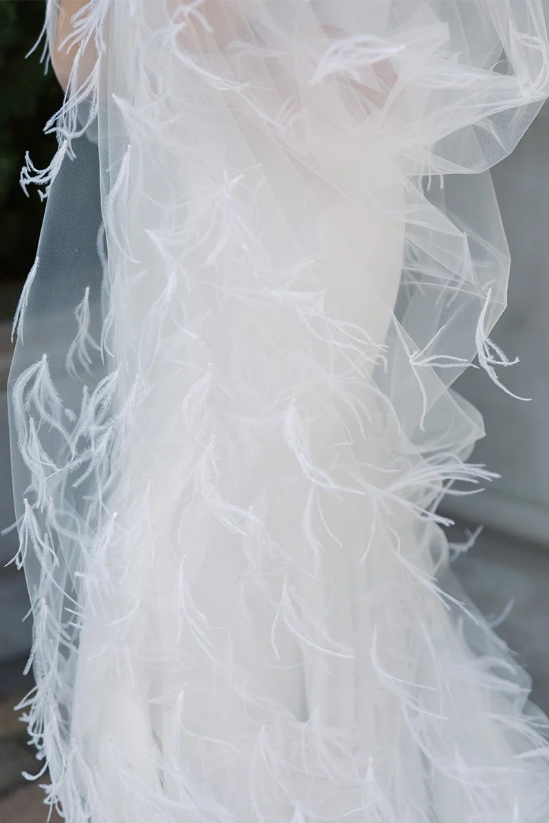Cathedral real Feather-Trim Veil Feather and Pearl Cathedral Wedding Veil, Long Bridal Veil  main image 3