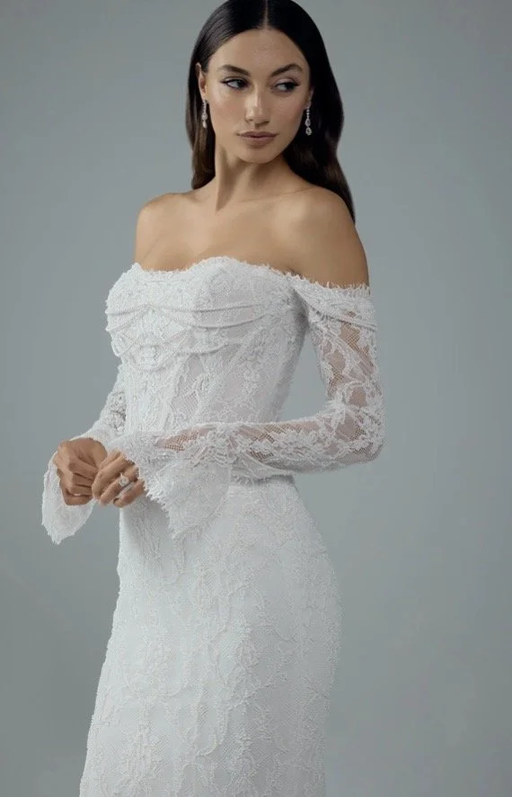 lace arm wedding dress Boho Lace Wedding Dress With Sleeve,V Back Destination Bridal Dress,WD01116, US14 / Champagne