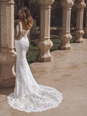 chinese dress ladies Lace Mermaid Wedding Dress with Spaghetti Straps and Flowing Train   Heirloom Hourglass