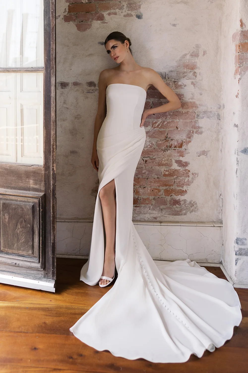 anne barge wedding dresses Edith Dress | Contour Strapless Neckline flattering draping and buttons to the hem Blue Willow by Anne Barge