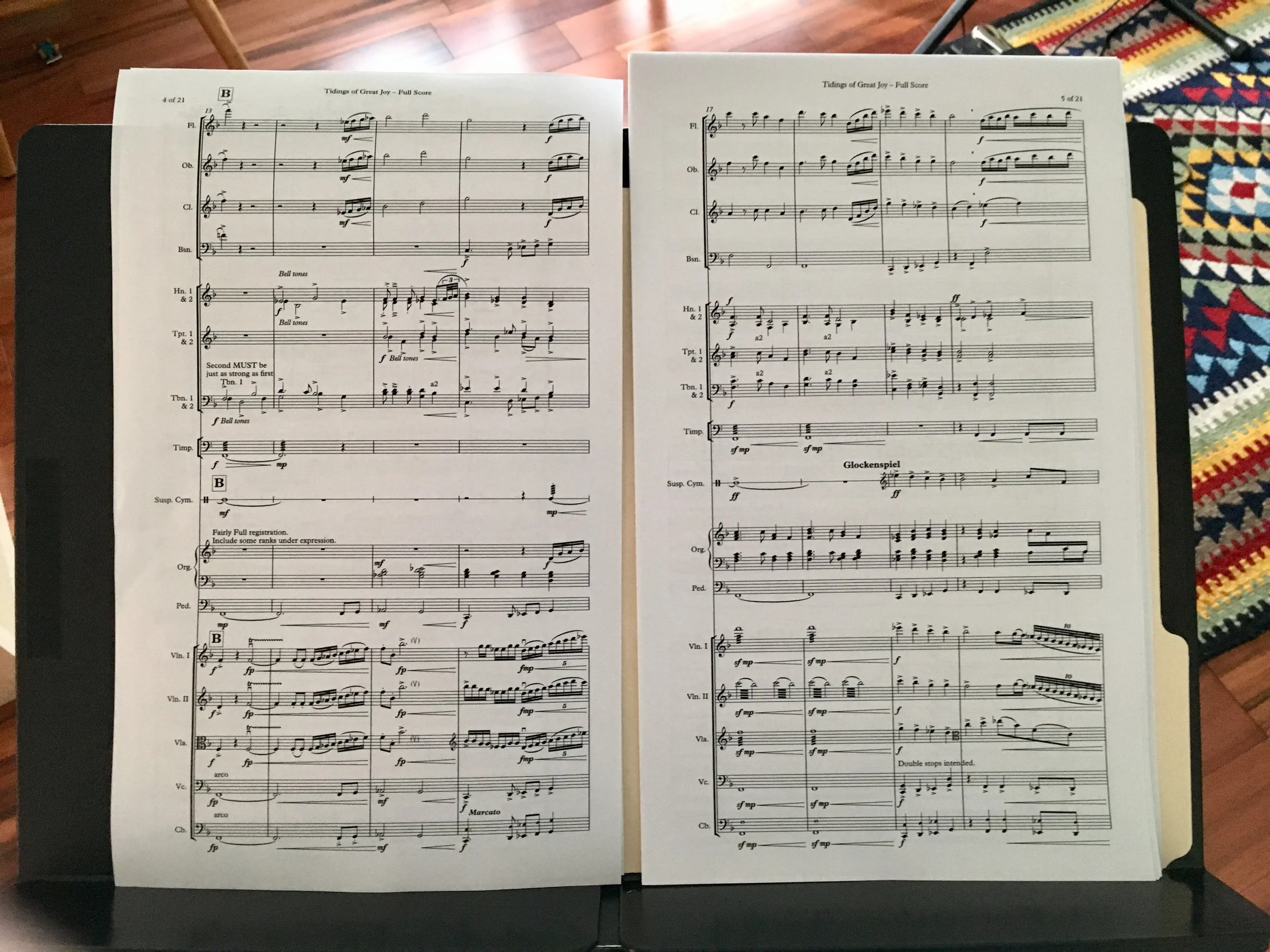 Full score, before binding. Easy to read and reference for rehearsal, optimized page turns for performance.