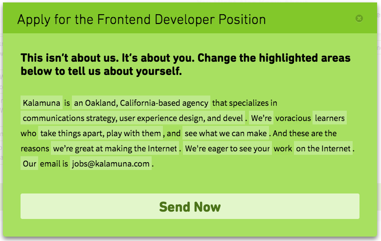 A Kalamuna.com job application page