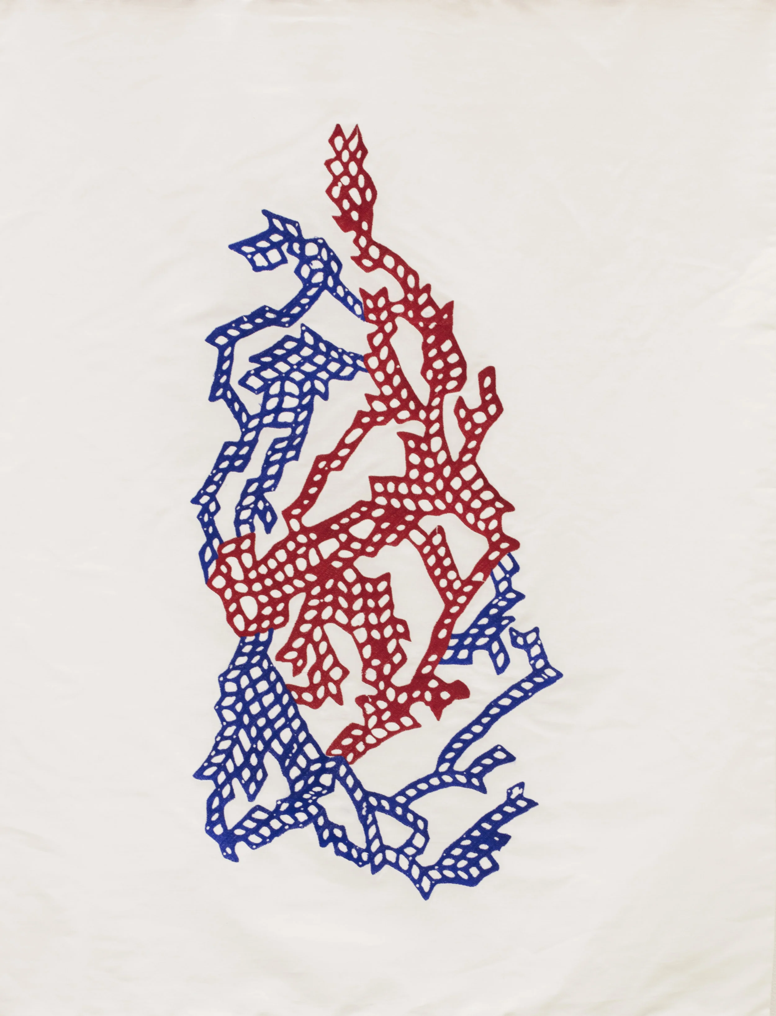 Untitled ( a basketball net is a mountain, a skyscraper, a grave marker and a flower) Embroidery on muslin 30 in. x 40 in. 2018