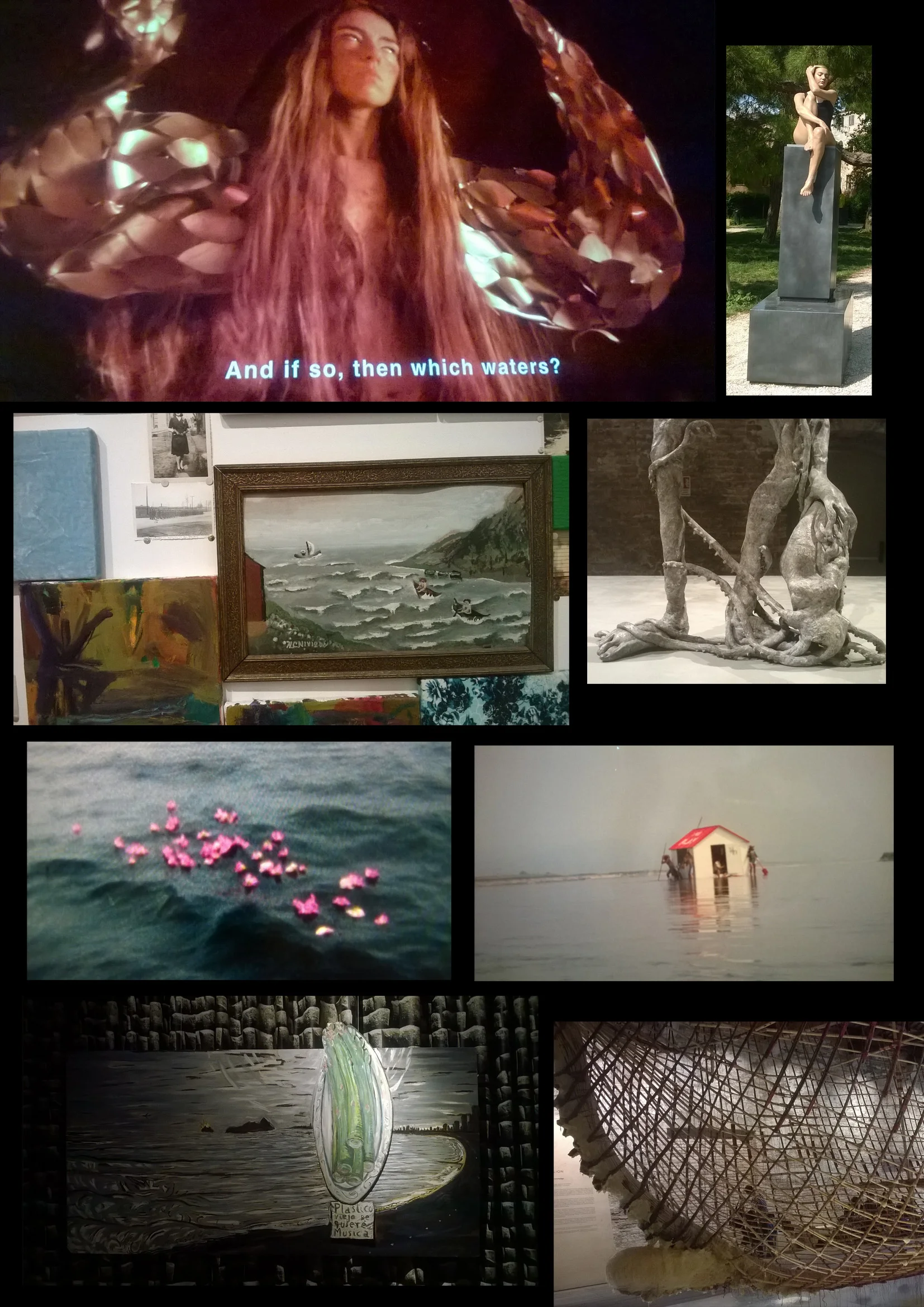 PAGE 1. – ( CLICK ON IMAGE ) – Pauline Curnier Jardin, 'Grotta Profunda, Approfundita', 2011-17, two channel video installation and mixed media at Arsenale // Carole Feuerman, 'The Midpoint', hand patinated resin, 2017, at Giardino Della Marinaressa // Nancy Shaver, 'Standardization, Variation and the Idiosyncratic', mixed media installation, 2017 at Arsenale // Francis Upritchard, 'Men with Octopus', bronze, 2017 at Arsenale // Shimbauku, 'Sea and Flowers', 2013 text and HD video at Arsenale // The Play, photograph of the1972 performance in which the Japanese art group sailed and lived for five days in a floating house at Arsenale // Juan Javier Salazar, 'Old plastic seeking musician', paint on fibreboard, 2004 at Peru Pavilion // Zai Kuning, 'Dapunta Hyang: Transmission of Knowledge', bamboo boat installation, 2017 at Singapore Pavilion.