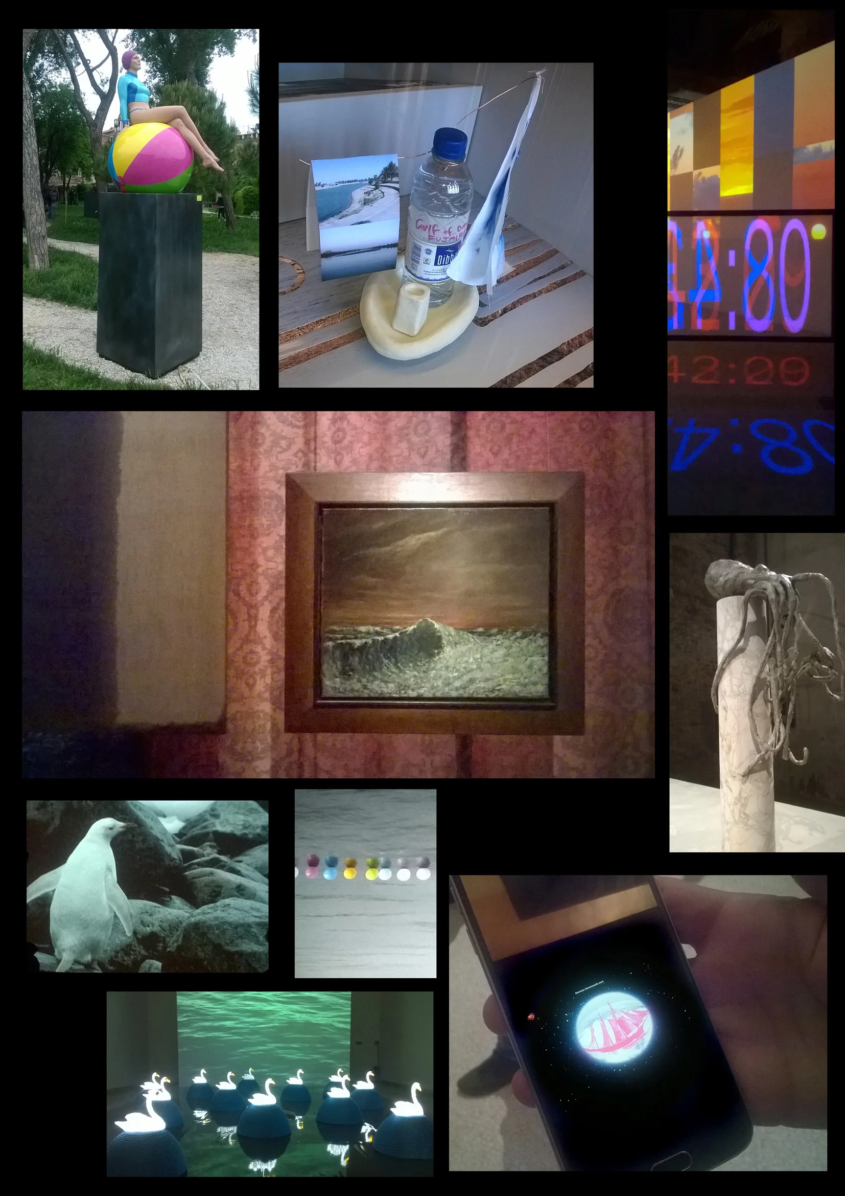 PAGE 5. – ( CLICK ON IMAGE) – Carole Feuerman, 'Bibi on the Ball', hand patinated resin or painted bronze, 2017, at Giardino Della Marinaressa // Nadine Hattom, 'Until the River Winds Ninety Degrees West', vitrine installation with water bottle, etc, 2017 Iraq Pavilion // Charles Atlas, 'The Tyranny of Consciousness', five channel video installation, 2015 at Arsenale // Gustav Courbet, 'La vague', 1872-73, oil on canvas at Fortuny // Francis Upritchard, 'Octopus with Fish', bronze, 2016 at Arsenale // Pierre Huyghe, 'A Journey that wasn't', video,2015 at Fondation Louis Vuitton // Hale Tenger, 'Ballons on the Sea', seven channel video installation, 2011 at Arsenale // Jana Zelibska, 'Swan Song Now', installation, 2017 Czech Republic and Slovak Republic Pavilion // 'The Boat is Leaking The Captain Lied', Fondazione Prada.
