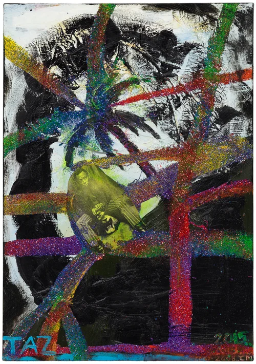 CHRIS MARTIN’S TAZ (2007-2015) portrays virtuoso Jazz musician Myles Davis amid palm trees and glitter and paint. The painting was on show in 2015 in the Chris Martin solo exhibition at the Douglas Hyde Gallery, Dublin.