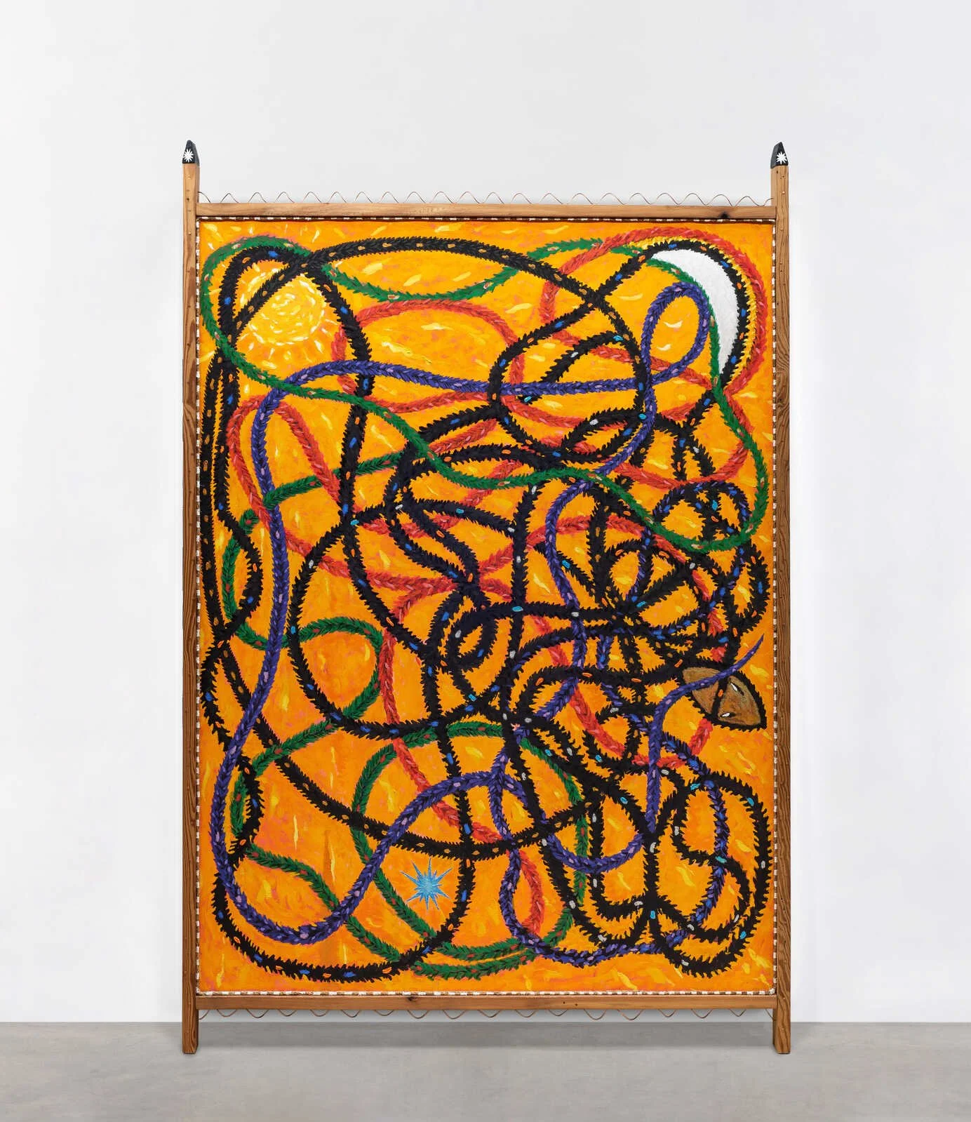 Daniel Rios Rodriguez, Sonidera de Sueños, 2020-21, Flashe, oil, nails, rope, copper, wood on canvas, 232.4 × 154.9 cm