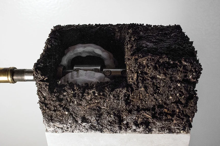   
    Alabastard [with Teeth]  Soil, plaster, motor, brass, stainless steel, alabaster, cement pedestal, misc components 4.5 x 7.5 x 2.25 in [without 5 x 5 x 55 in pedestal] view  documentation   2014 
  