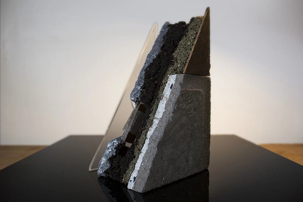    This Too Will Stop  Music box, motor, mineral composites, soil, zinc, polymers, components 9" x 5" x 4.25" 2014 
 This is a moving sculpture with sound. View  documentation   