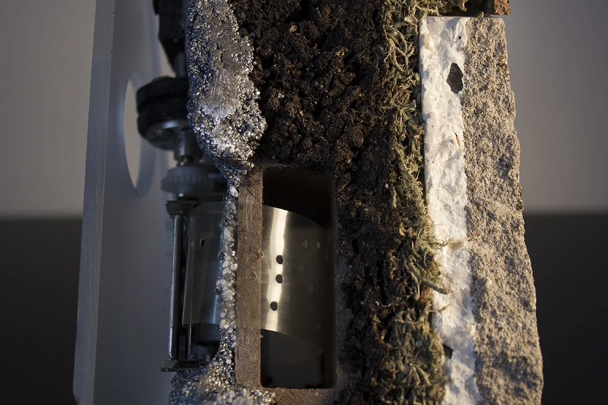    This Too Will Stop  [detail] Music box, motor, mineral composites, soil, zinc, polymers, components 9" x 5" x 4.25" 2014  