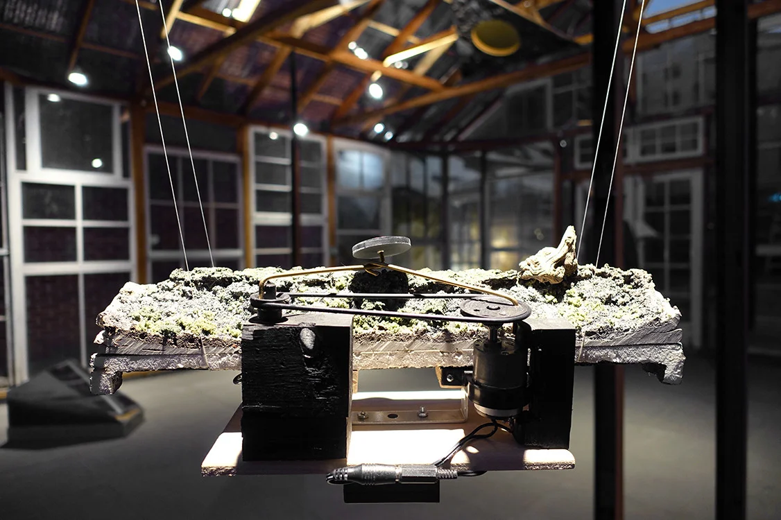    Block #8&nbsp; (Installation view) 
 Mechanized sculpture with clay, dirt, pulleys, motor, brass, mirror, mixed media 
 6 x 14 x 6 in 
 2014-2016&nbsp; SOLD   