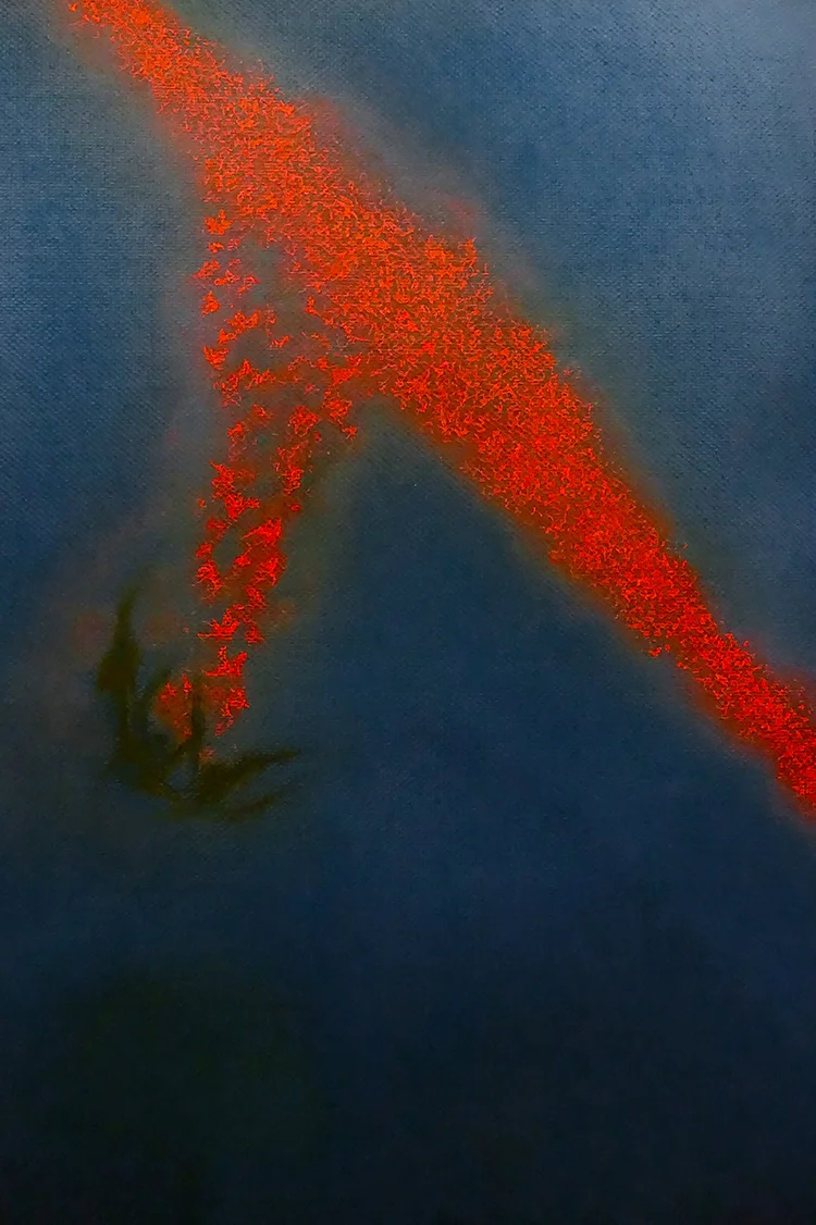  Cardinals &amp; Drones 3 Chalk on blue paper mounted on board, steel frame 18x24 inches 2014    