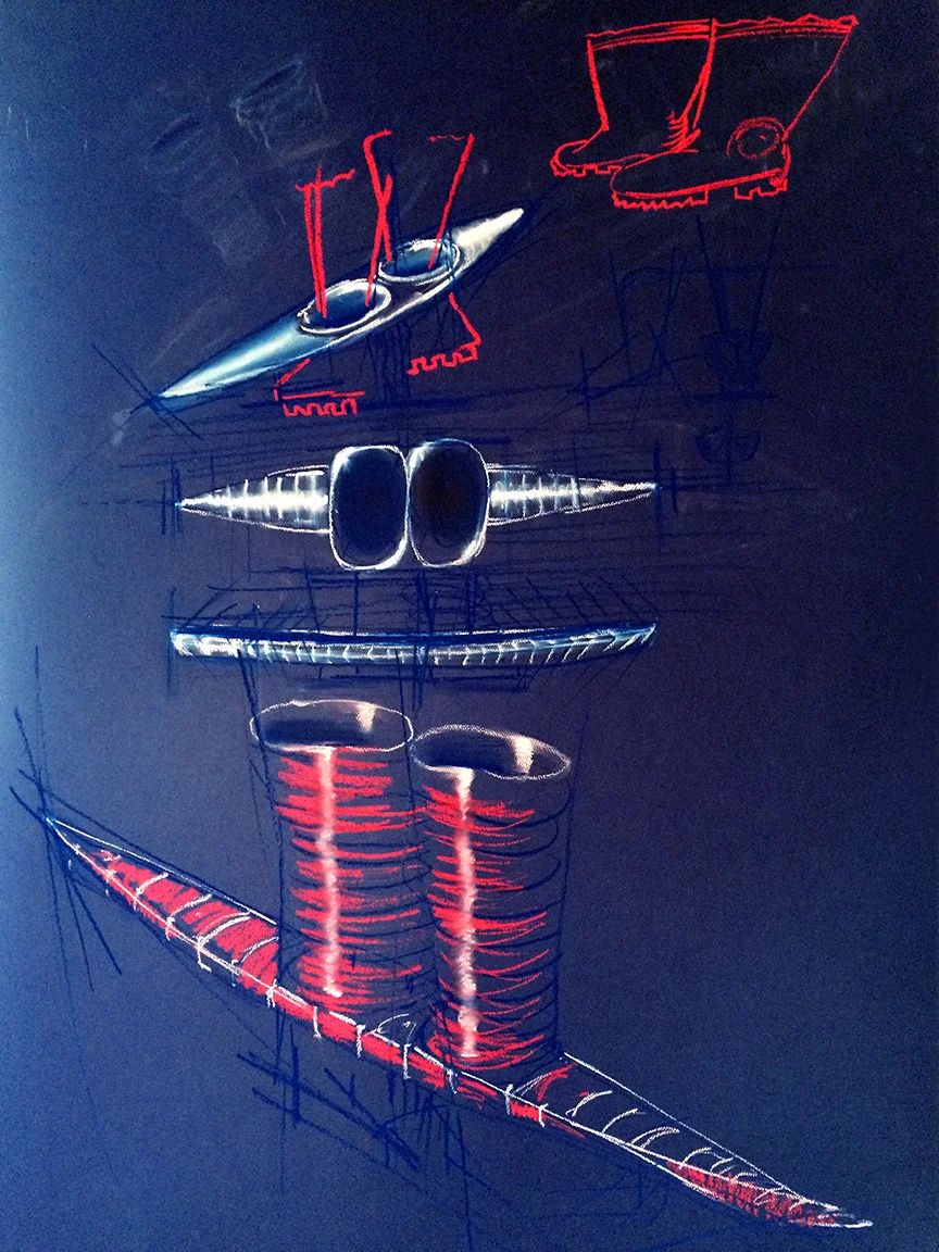    Boats With Boots 1, &nbsp;24 X 36 in, pastels on blue paper, 2014  