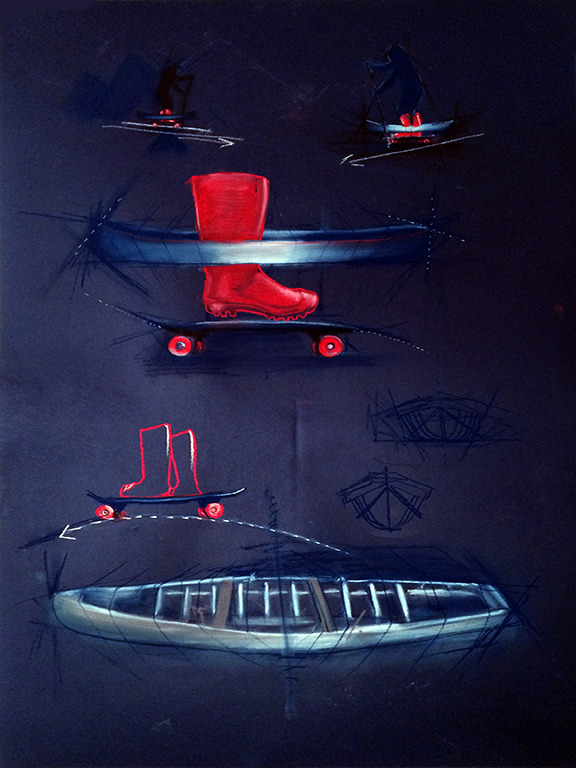    Boats With Boots 2, &nbsp;24 X 36 in, pastels on blue paper, 2014  