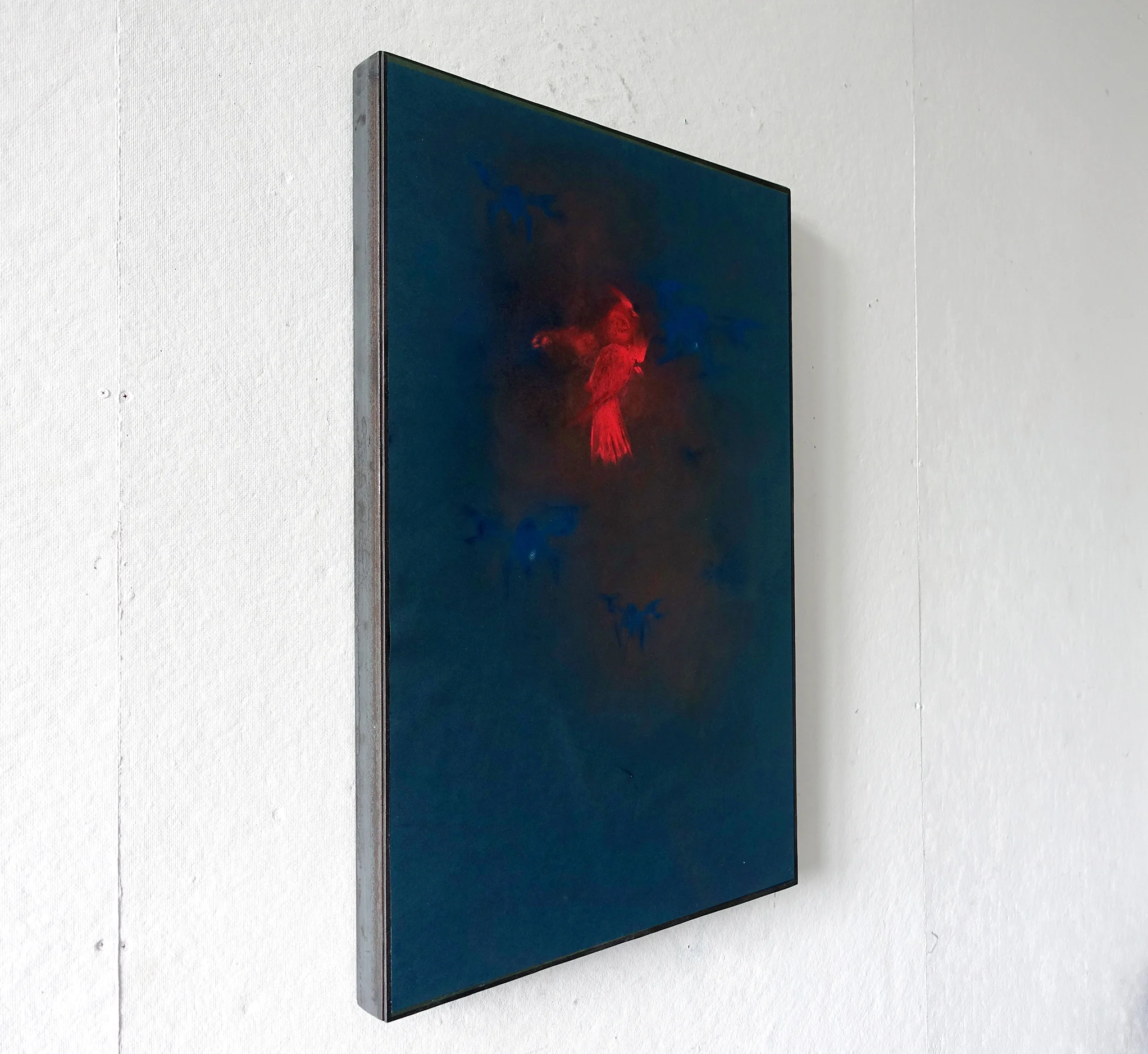  Cardinals &amp; Drones 1 Chalk on blue paper mounted on board, steel frame 24x36 inches 2014 