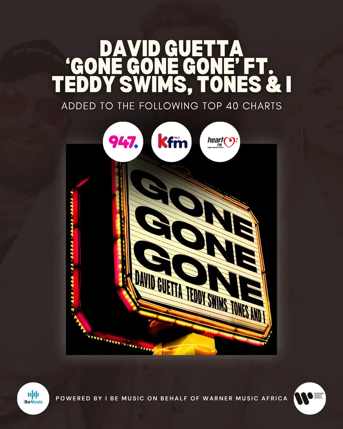 The latest @davidguetta x @teddyswims x @tonesandi collab, &lsquo;Gone Gone Gone&rsquo; has officially hit the charts! 🔥

🏆 New entry at #24 on the KFM Top 40 
🏆 New entry at #35 on the 947 Top 40 
🏆 New entry at #37 on the Heart FM Top 40 

Powe