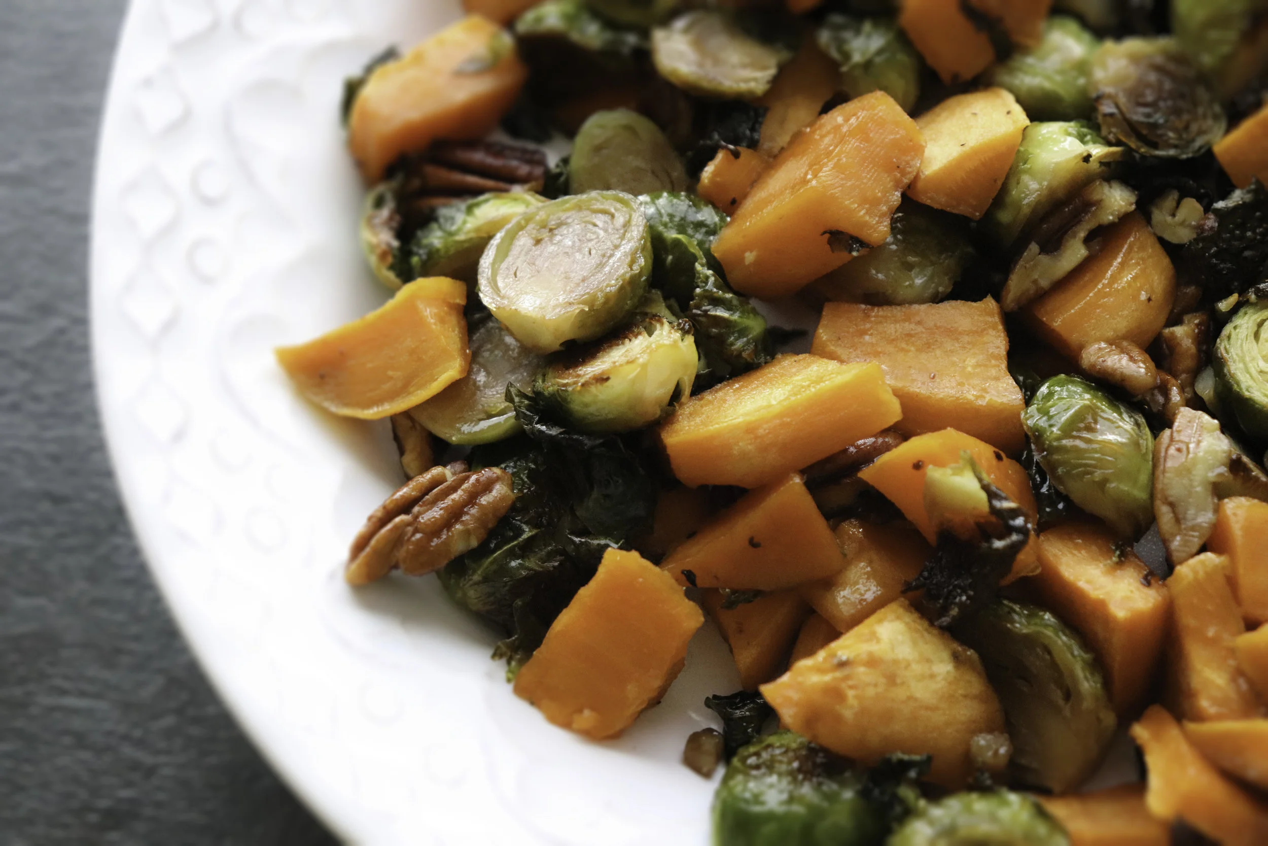 Pecan Pie Glazed Sweet Potatoes and Brussels Sprouts