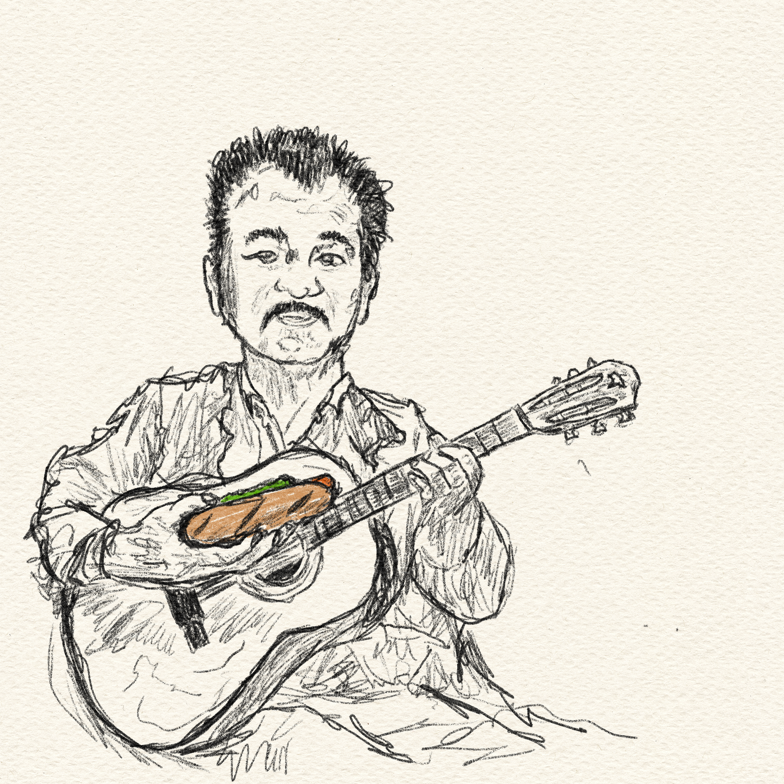 John Prine Holding His Guitar and a Hot Dog, Sketch