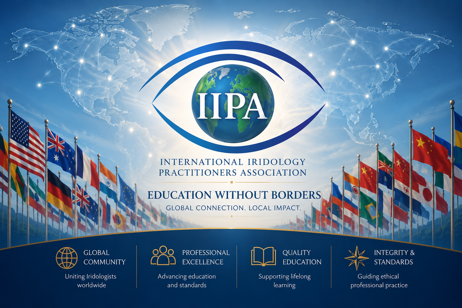 Professional international education graphic featuring the IIPA eye logo over a global world map with international flags representing worldwide Iridology education, professional standards, and global educational connection.