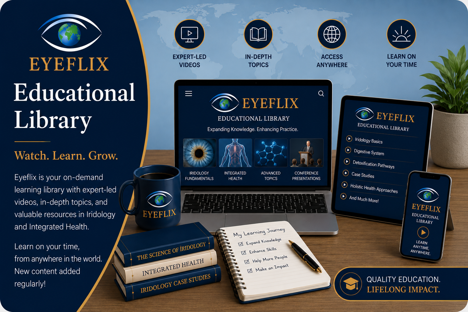 Professional educational library graphic representing on-demand video learning, recorded educational presentations, and continuing education resources through EyeFlix.