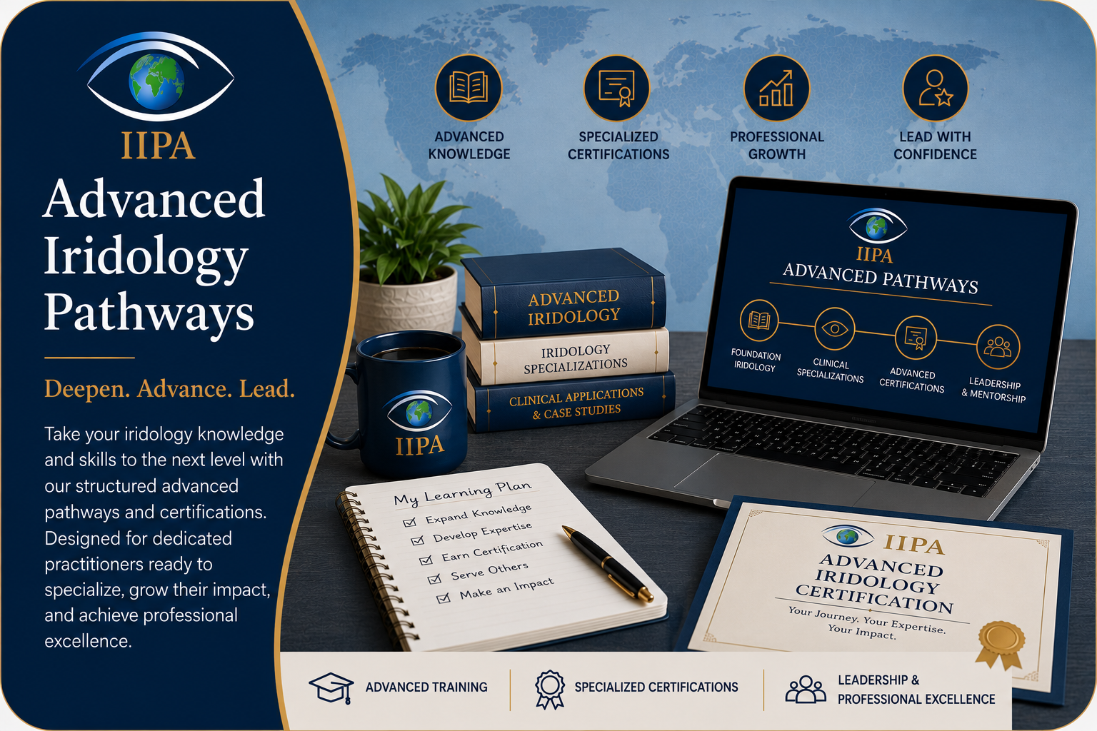 Professional educational graphic representing advanced Iridology studies, Level III education, Sclerology, Fellow, and Diplomate pathways.