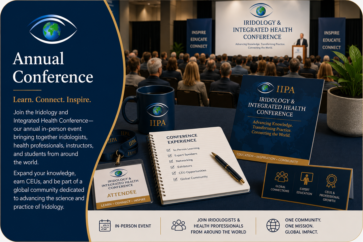 Professional conference graphic representing international educational gatherings, networking, and in-person learning opportunities within the Iridology community.