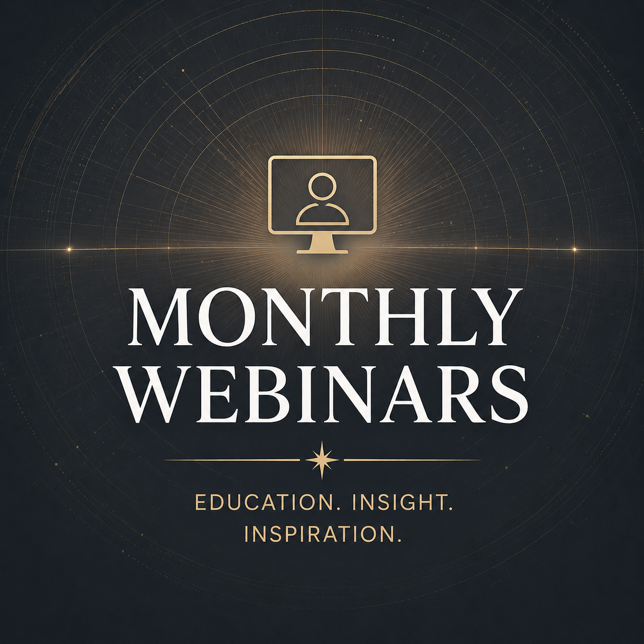 Elegant charcoal and gold educational graphic featuring the words “Monthly Webinars” with a glowing webinar screen icon and radiant circular design representing online learning, continuing education, and professional connection in Iridology and integ